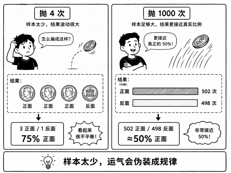 小样本和大样本抛硬币结果对比